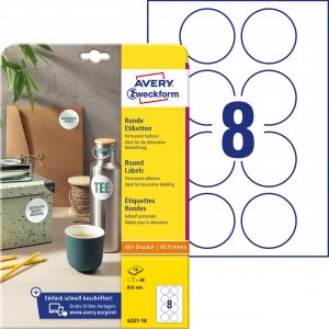 Etykiety okrągłe Avery Zweckform, A4, 10 ark./op., Ø65 mm, białe, trwałe