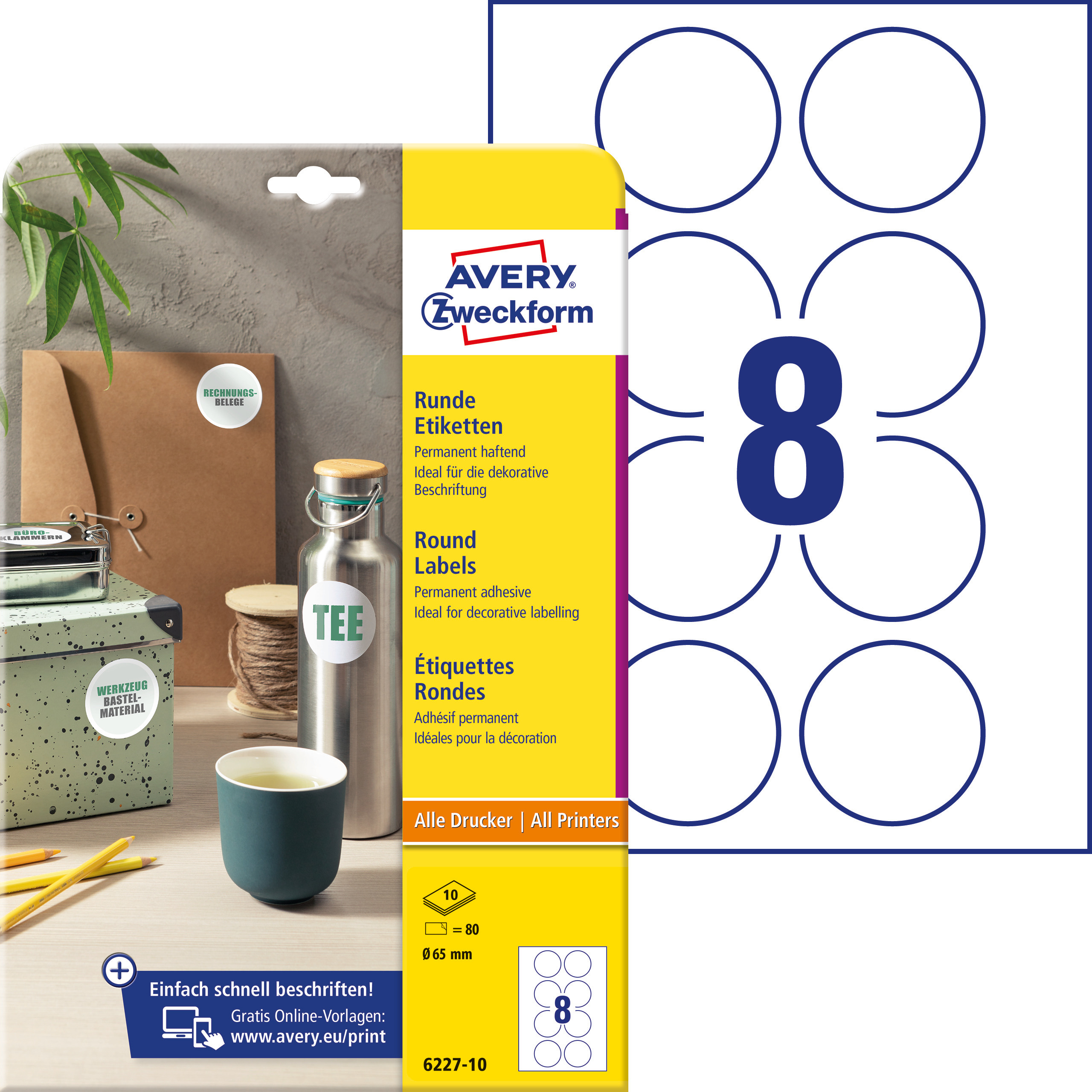 Etykiety okrągłe Avery Zweckform, A4, 10 ark./op., Ø65 mm, białe, trwałe