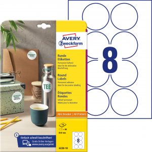 Etykiety okrągłe Avery Zweckform, A4, 10 ark./op., Ø69 mm, białe, trwałe