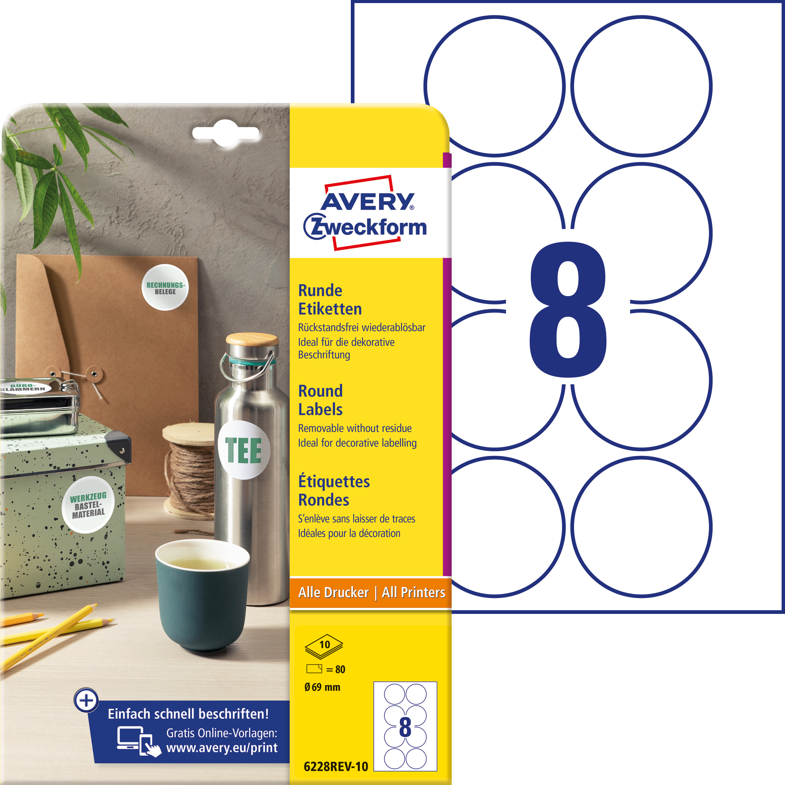 Etykiety okrągłe Avery Zweckform, A4, 10 ark./op., Ø69 mm, białe, usuwalne