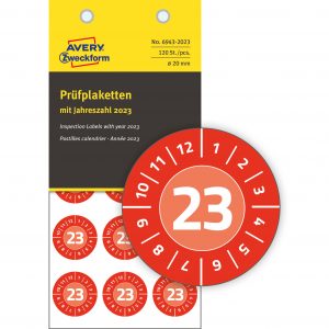 Tabliczki inspekcyjne winylowe 2023 do opisu ręcznego, Ø20, czerwone, 120 sztuk, Avery Zweckform