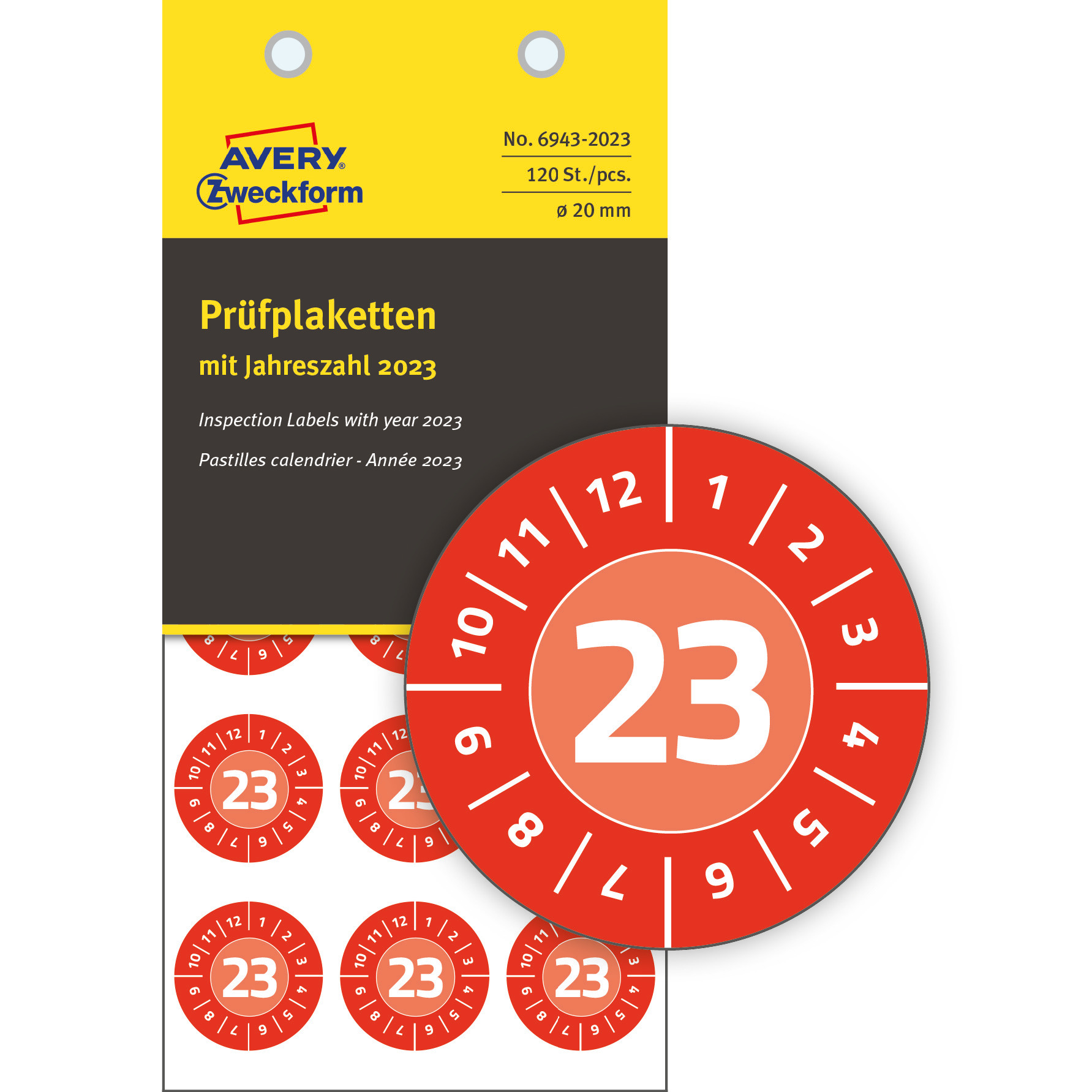 Tabliczki inspekcyjne winylowe 2023 do opisu ręcznego, Ø20, czerwone, 120 sztuk, Avery Zweckform