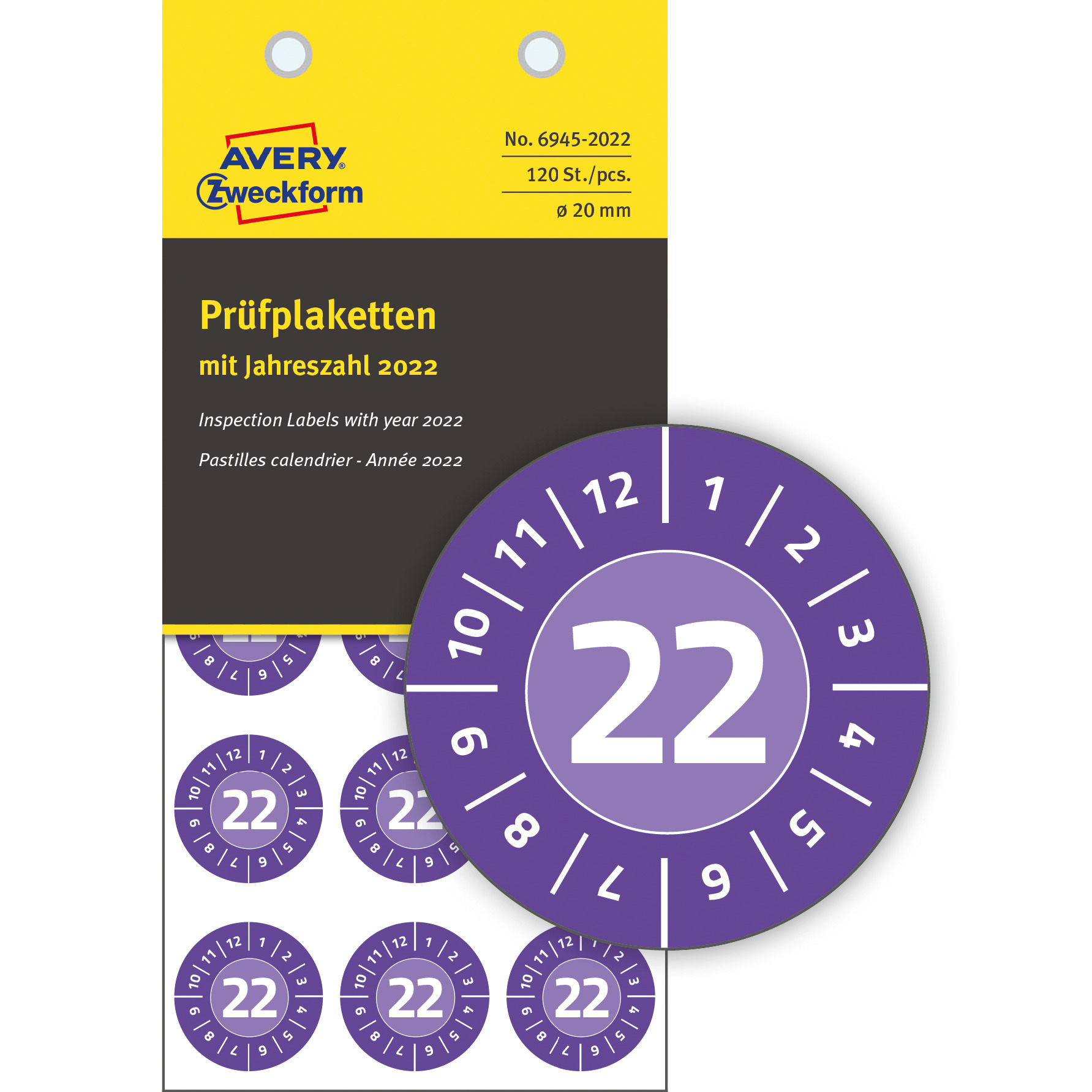 Tabliczki inspekcyjne NoPeel 2022r. do opisu ręcznego, Ø20, fioletowe, 120 sztuk, Avery Zweckform
