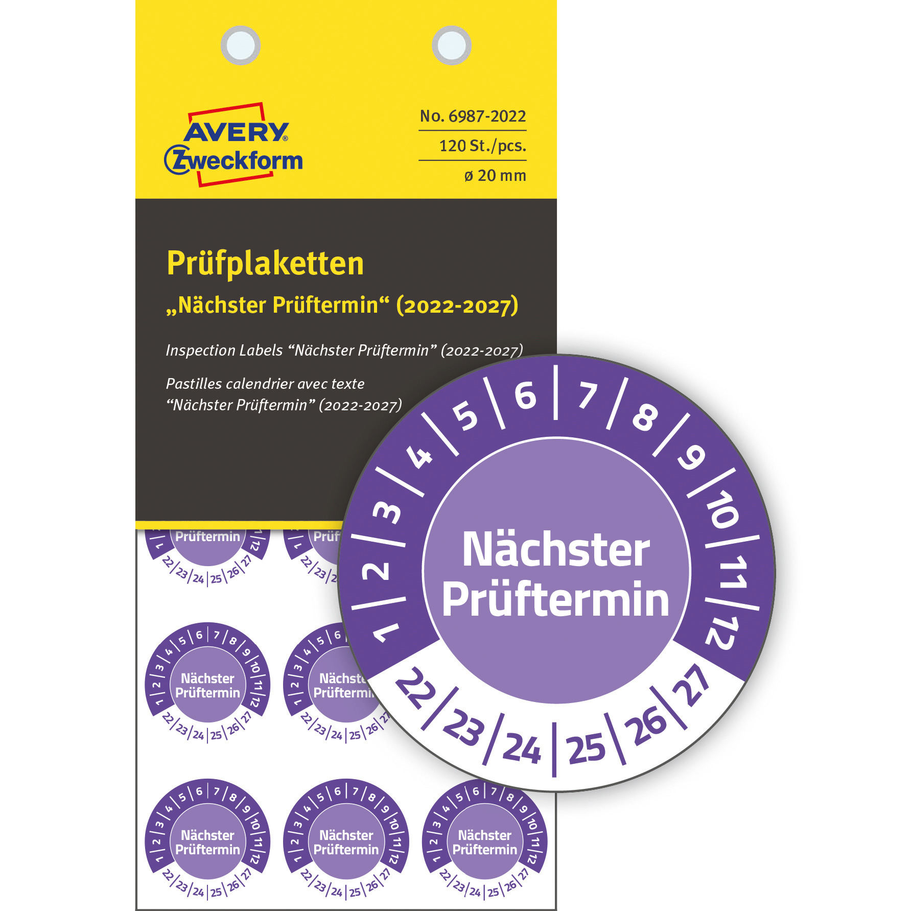 Tabliczki inspekcyjne winylowe 22-27 do opisu ręcznego, Ø20, fioletowe, 120 sztuk, Avery Zweckform