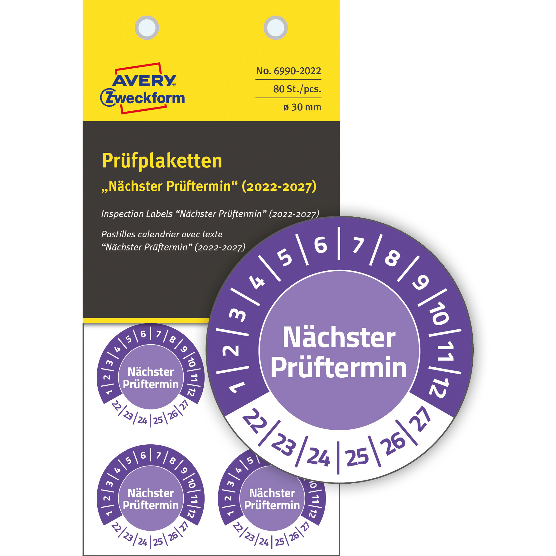 Tabliczki inspekcyjne NoPeel 22-27, Ø30, fioletowe, 80 sztuk, Avery Zweckform