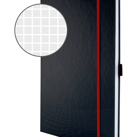 Notatnik Notizio A4; oprawa twarda; ciemnoszary; kratka; 80 kartek; elastyczna gumka, bloczek zakładek, uchwyt na długopis, arkusz etykiet, kieszeń, tasiemka do zaznaczania