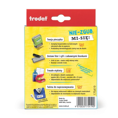 Pieczątka Nie zgub mi się do oznaczania przedmiotów i ubrań zestaw z drukarenką Trodat