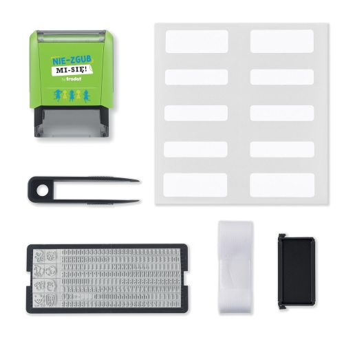 Pieczątka Nie zgub mi się do oznaczania przedmiotów i ubrań zestaw z drukarenką Trodat