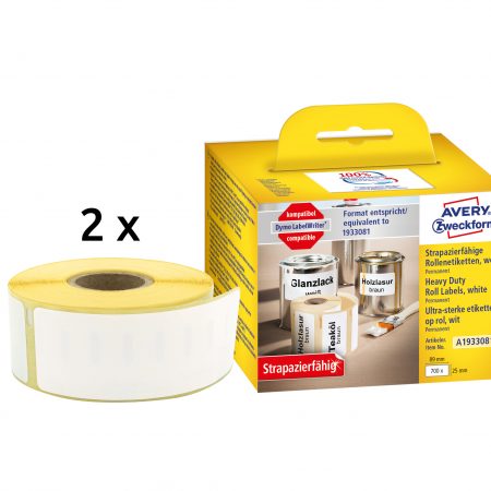 Etykiety Heavy Duty Avery Zweckform w rolce do drukarek termicznych, 700etyk./2rolki, 25 x 89 mm, poliestrowe, trwałe, białe