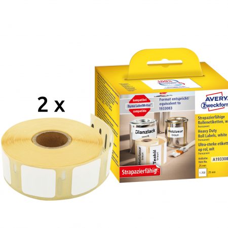 Etykiety Heavy Duty Avery Zweckform w rolce do drukarek termicznych, 1700etyk./2rolki, 25 x 25 mm, poliestrowe, trwałe, białe