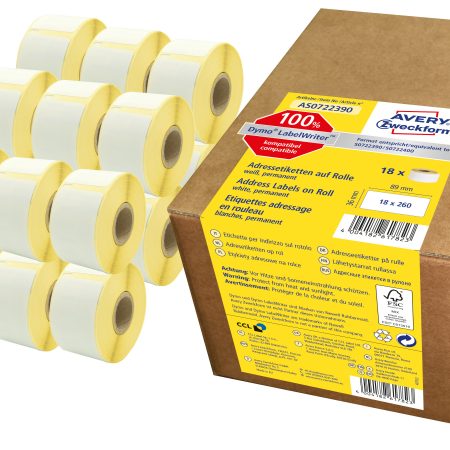 Etykiety adresowe Avery Zweckform w rolce do drukarek termicznych, 4680etyk./18rolek, 36 x 89 mm, trwałe, białe
