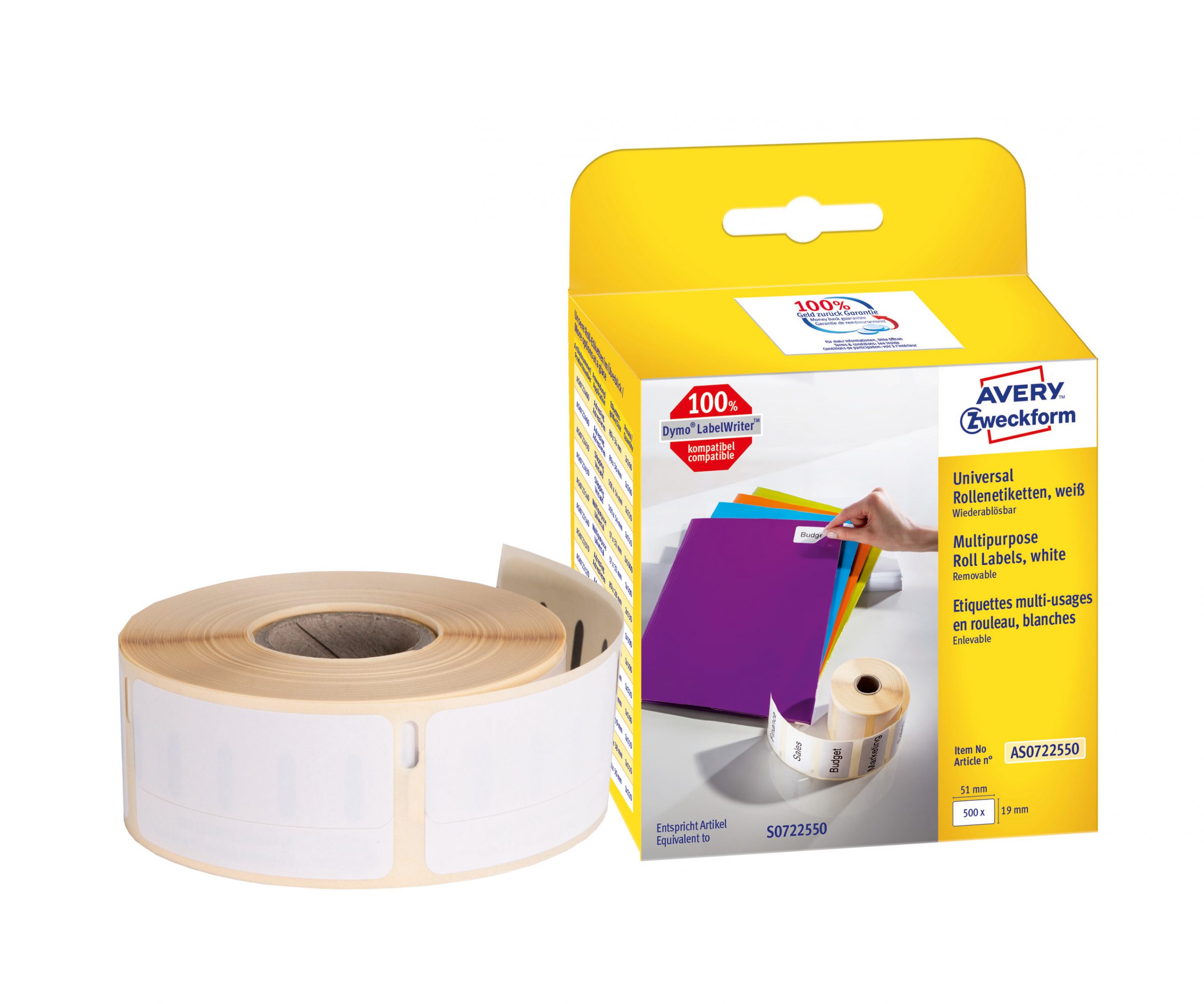 Etykiety uniwersalne Avery Zweckform w rolce do drukarek termicznych, 500 etyk./rolka, 1 rolka/op., 19 x 51 mm, usuwalne, białe