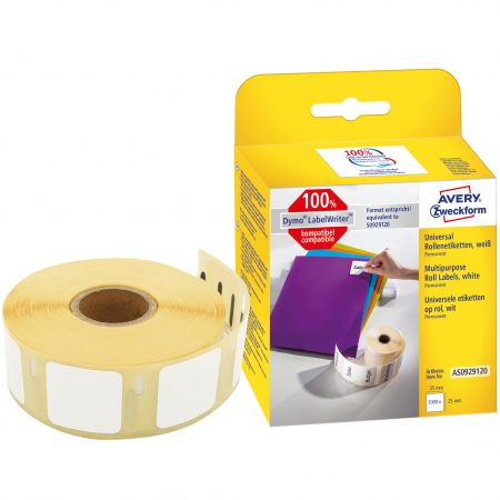 Etykiety uniwersalne Avery Zweckform w rolce do drukarek termicznych, 1000etyk./1rolka, 25 x 25 mm, trwałe, białe