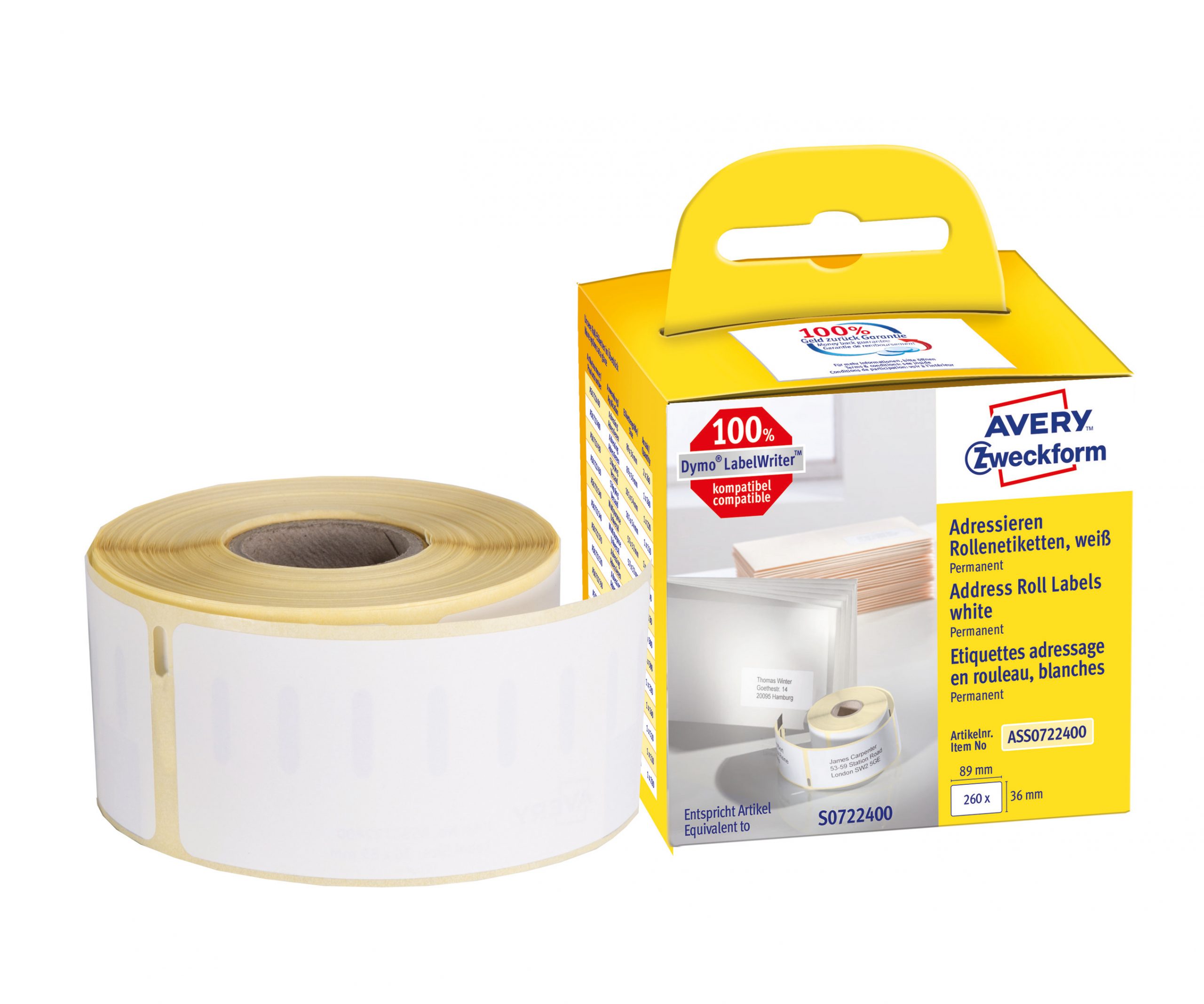 Etykiety adresowe Avery Zweckform w rolce do drukarek termicznych, 260etyk./1rolka, 36 x 89 mm, trwałe, białe