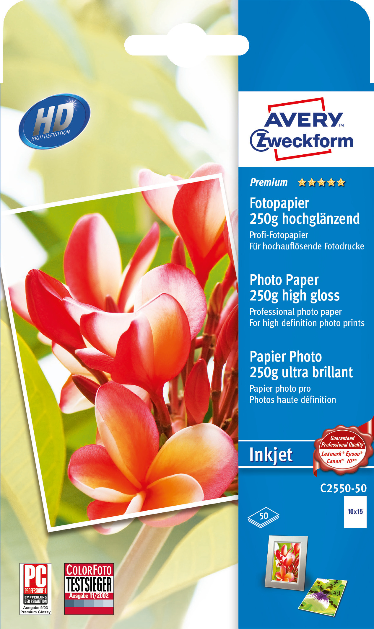 Papier fotograficzny Premium wysokobłyszczący, 250g, 100 x 150 mm, biały, Avery Zweckform