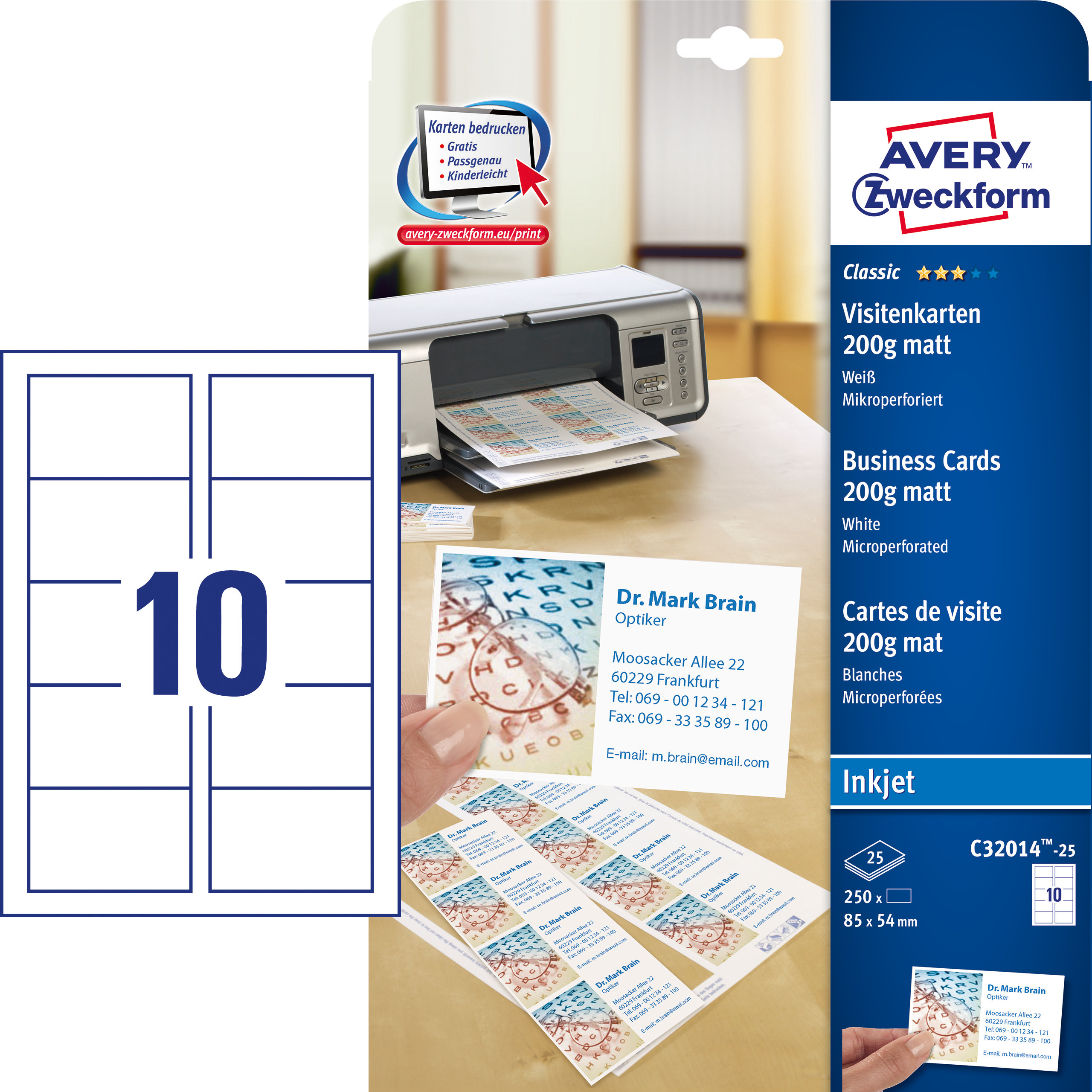 Wizytówki z mikroperforacją; 85 x 54 mm, 250 szt., 200 g, matowe, białe, Avery Zweckform