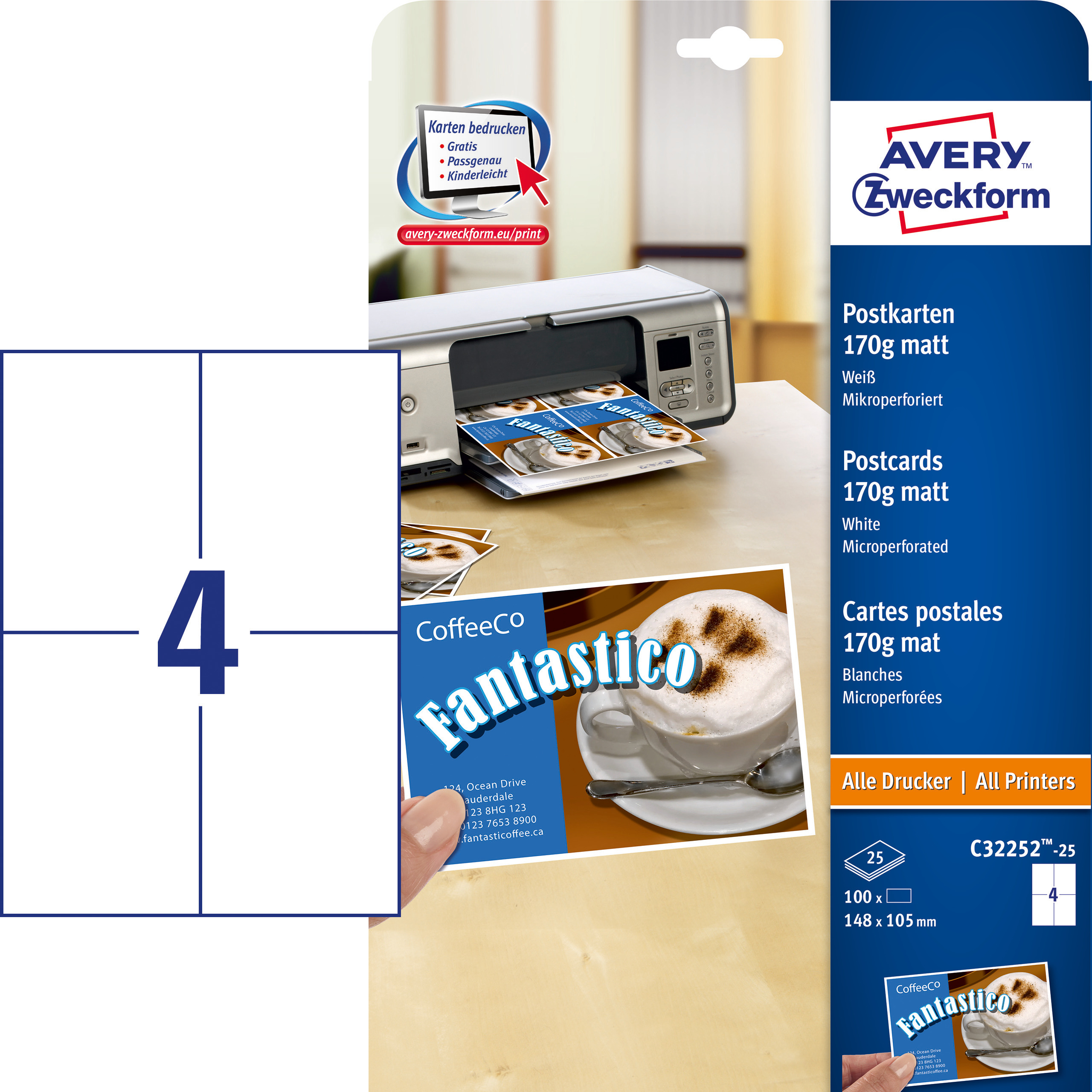 Kartki pocztowe Avery Zweckform; 148 x 105 mm, 100 szt., 170 g, matowe, białe