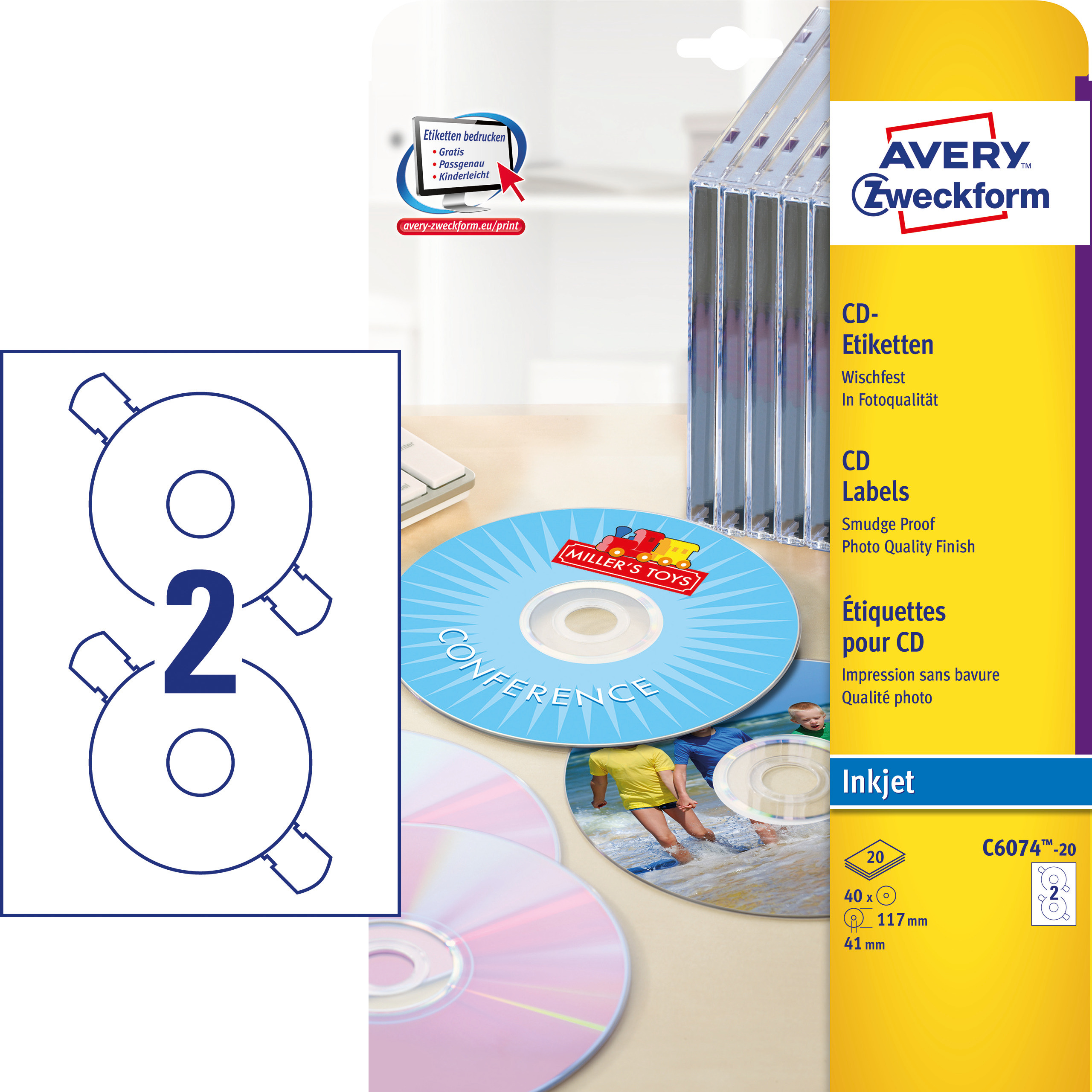 Etykiety na płyty CD Avery Zweckform; A4, 20 ark./op., ø117 mm, błyszczące