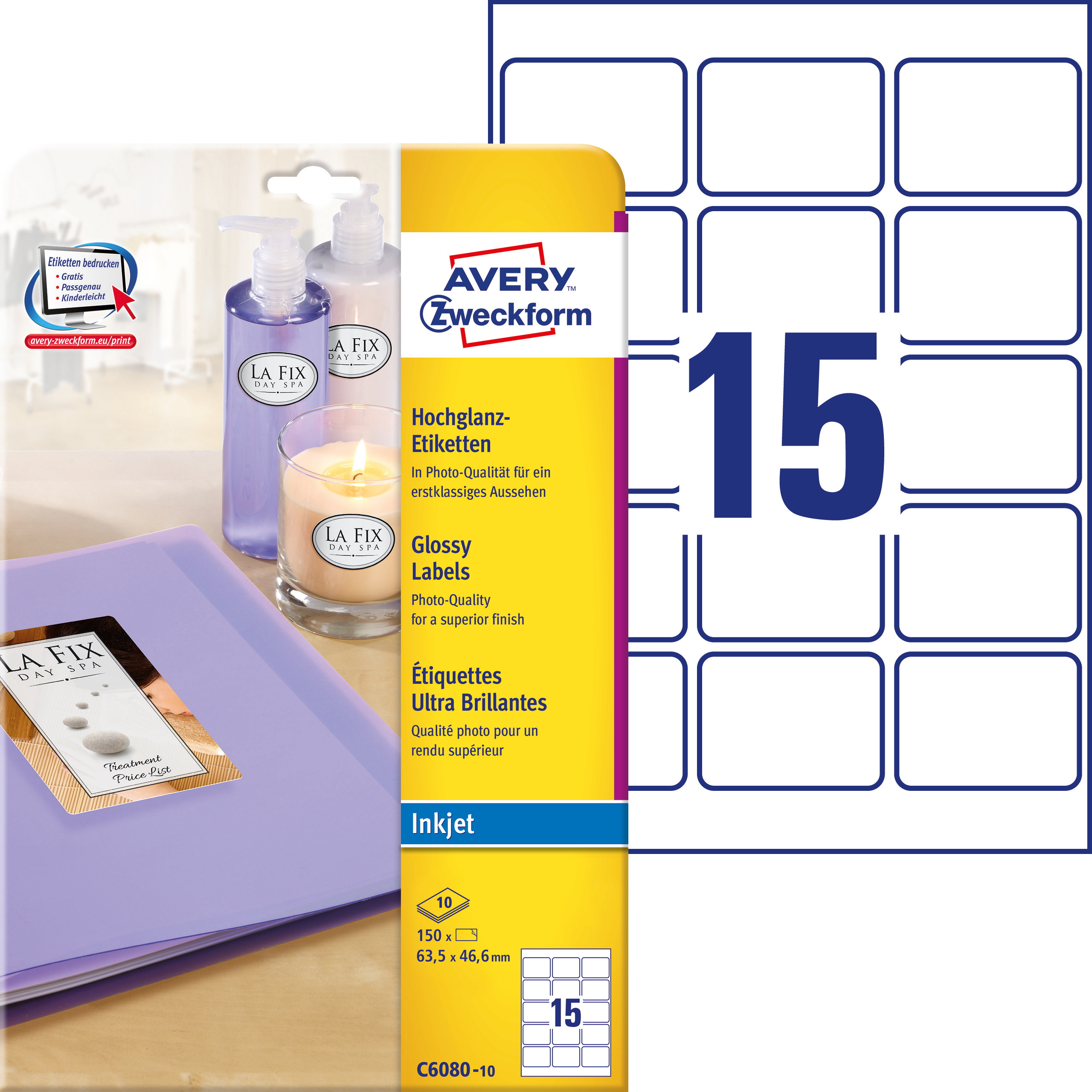 Etykiety błyszczące Avery Zweckform, A4, 10 ark./op., 63,5 x 46,6 mm, białe