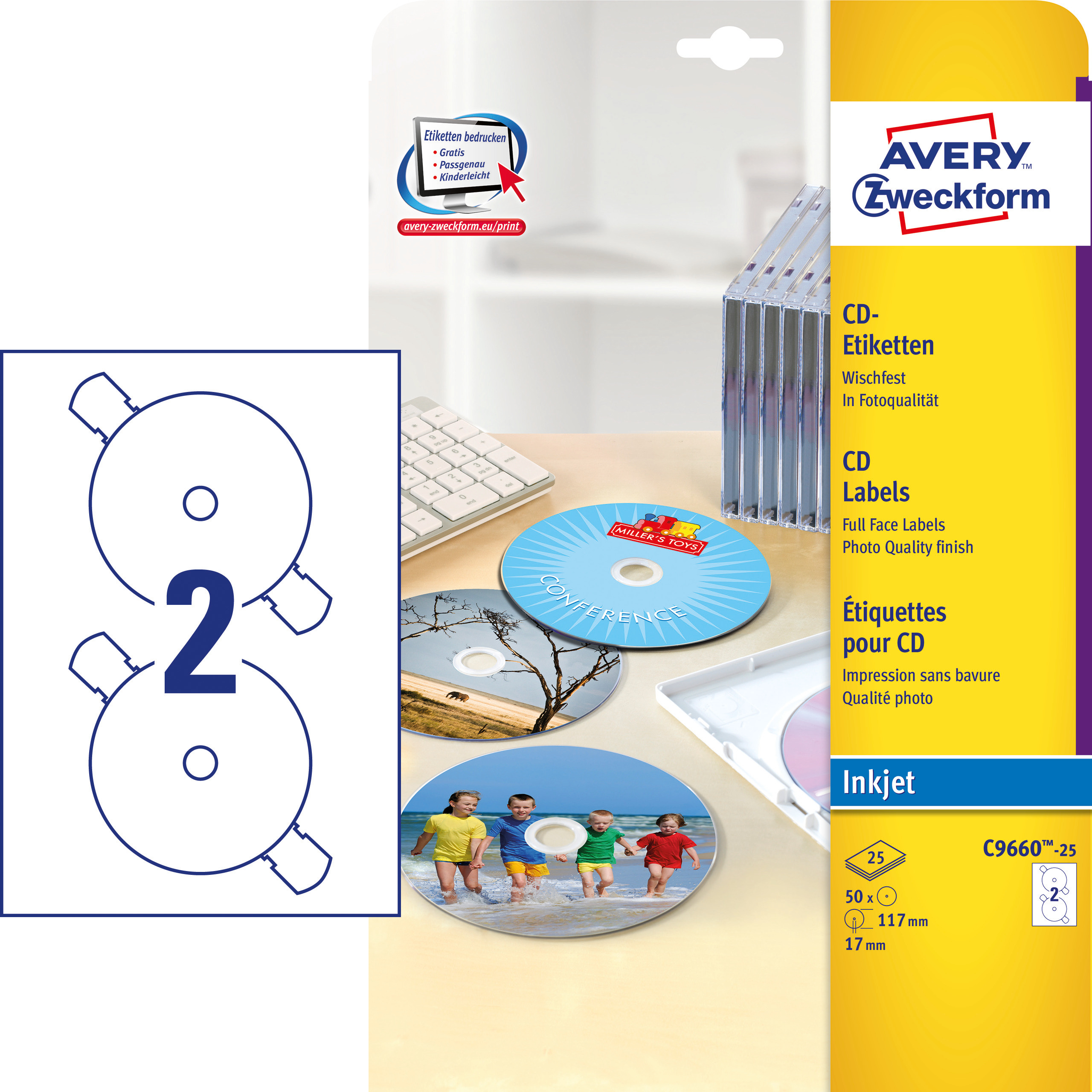 Etykiety na płyty CD Avery Zweckform; A4, 25 ark./op., ø117 mm, błyszczące