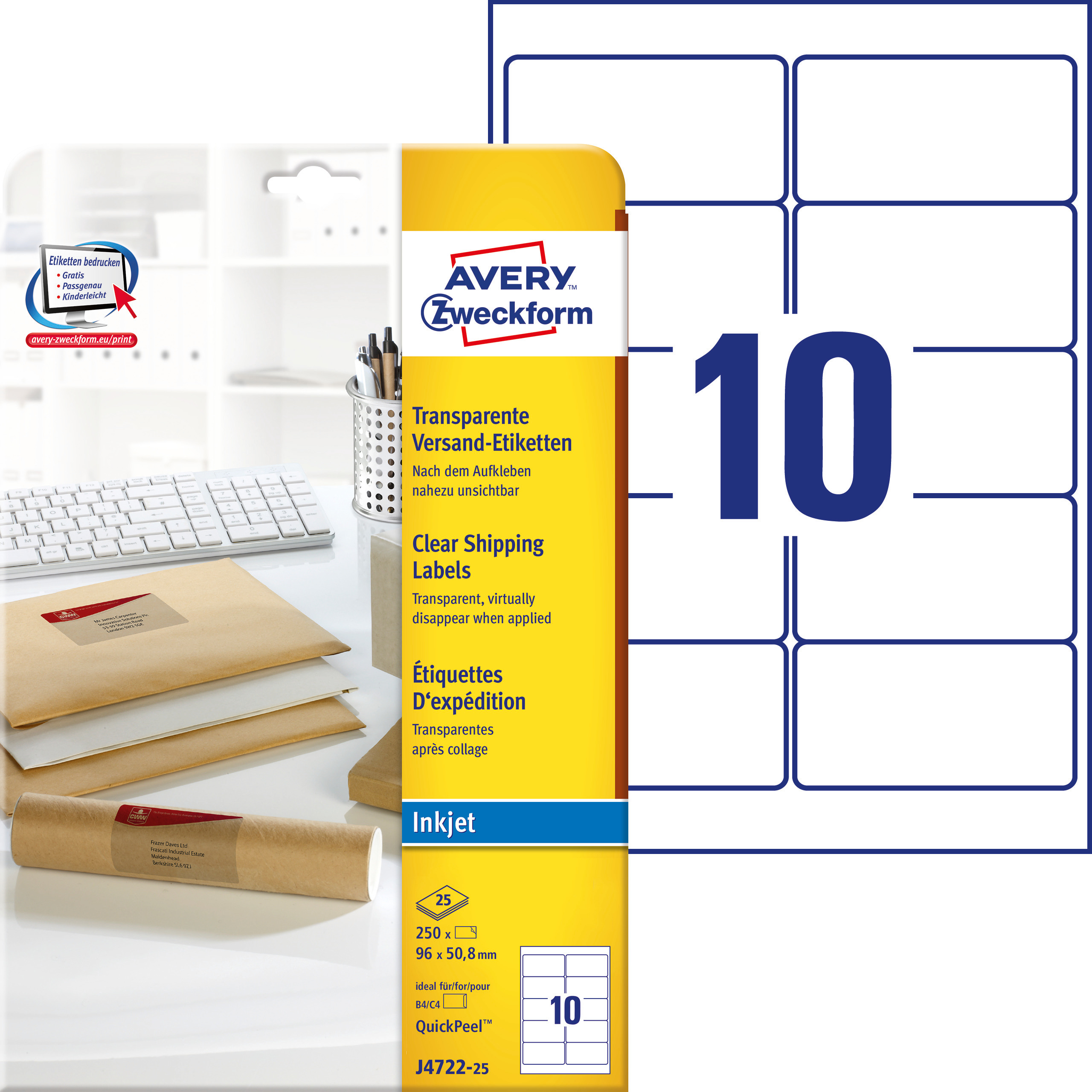 Etykiety wysyłkowe przezroczyste Avery Zweckform; A4, 25 ark./op., 96 x 50,8 mm