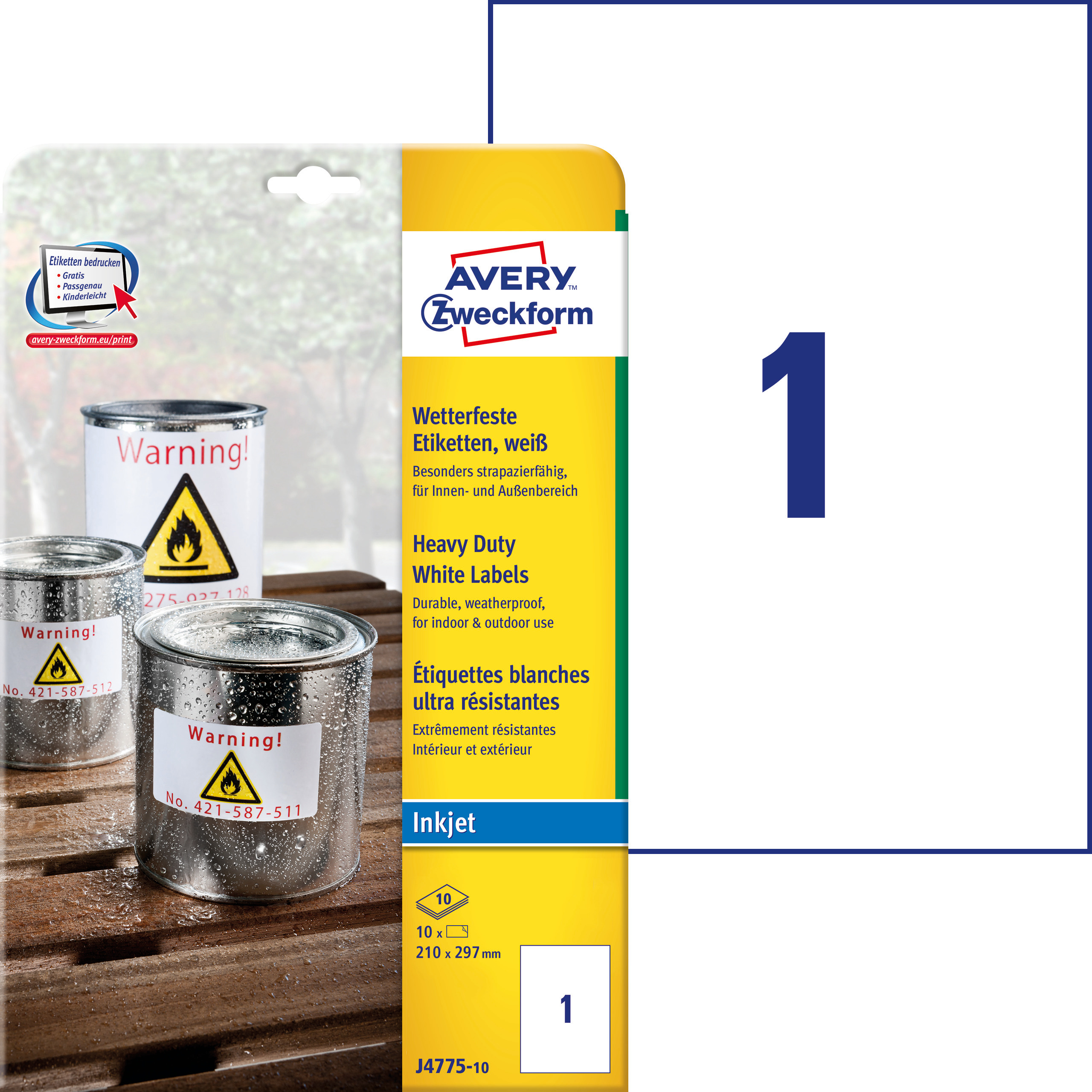 Etykiety Heavy Duty Avery Zweckform; A4, 10 ark./op., 210 x 297 mm, białe, poliestrowe