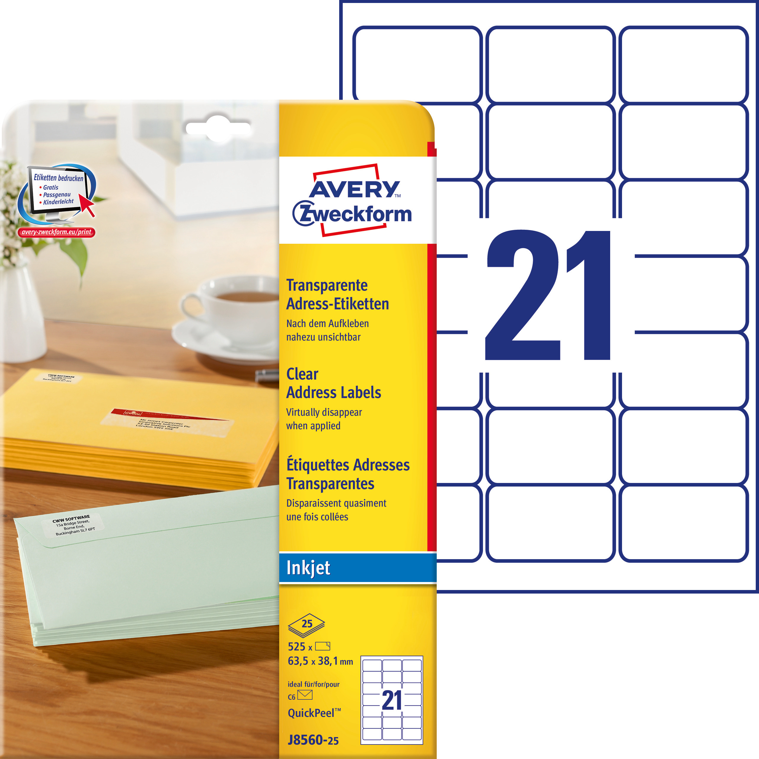 Etykiety adresowe przezroczyste Avery Zweckform; A4, 25 ark./op., 63,5 x 38,1 mm