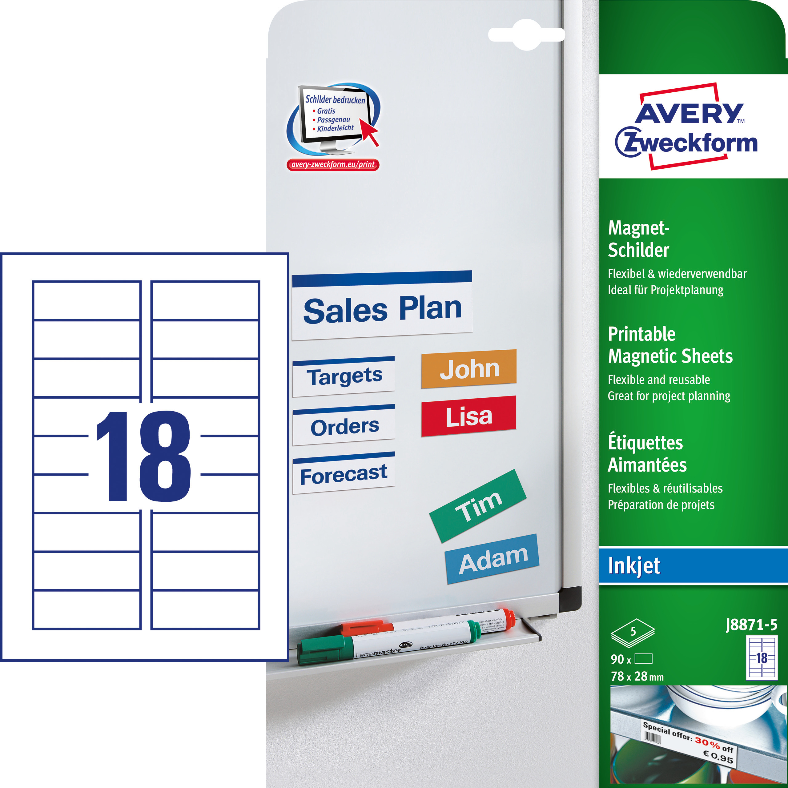 Magnetyczne znaki samoprzylegające Avery Zweckform; A4, 5 ark./op., 78 x 28 mm, białe