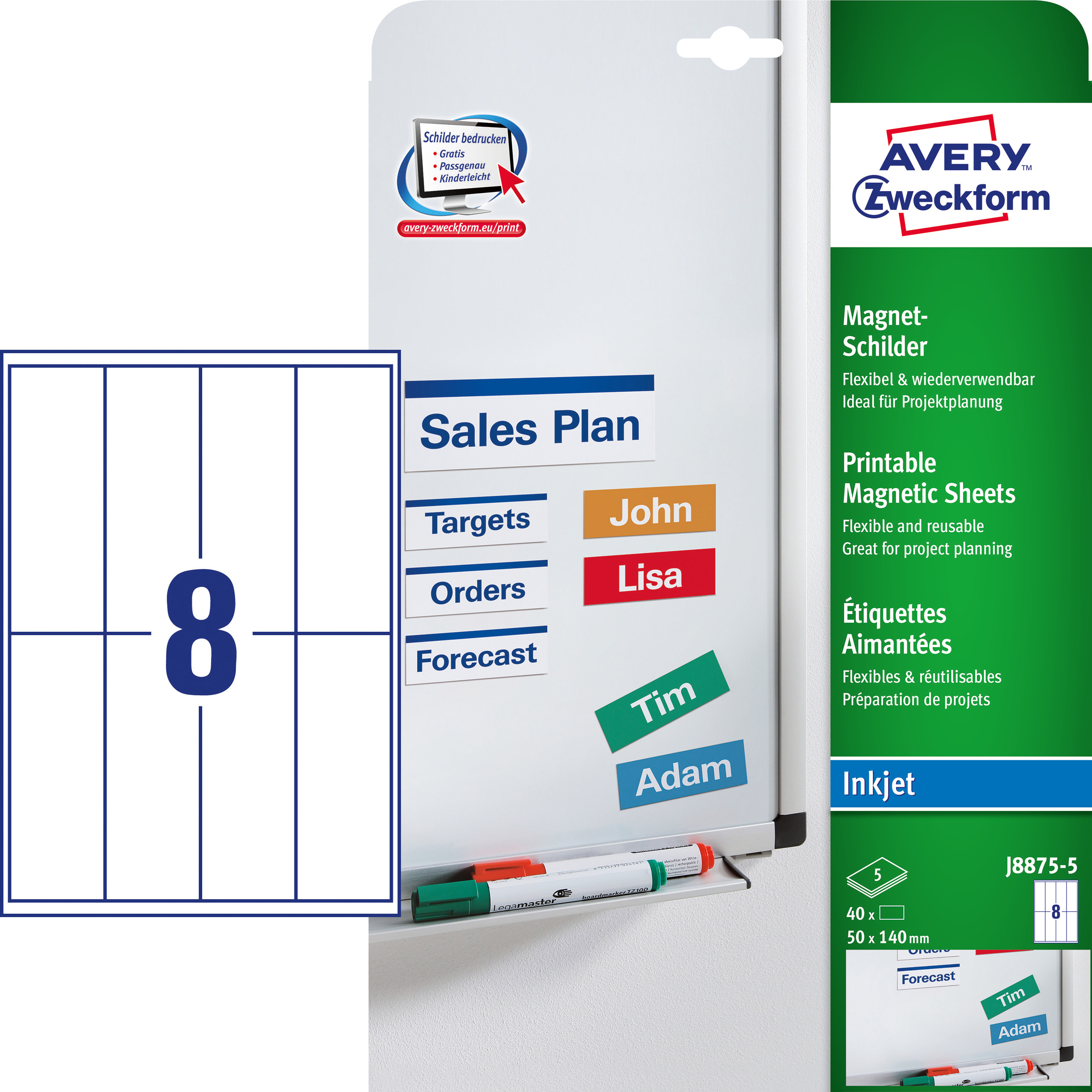Magnetyczne znaki samoprzylegające Avery Zweckform; A4, 5 ark./op., 50 x 140 mm, białe