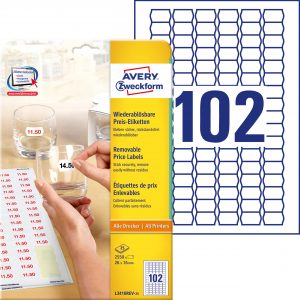 Usuwalne etykiety cenowe Avery Zweckform; A4, 25 ark./op., 26 x 16 mm, białe