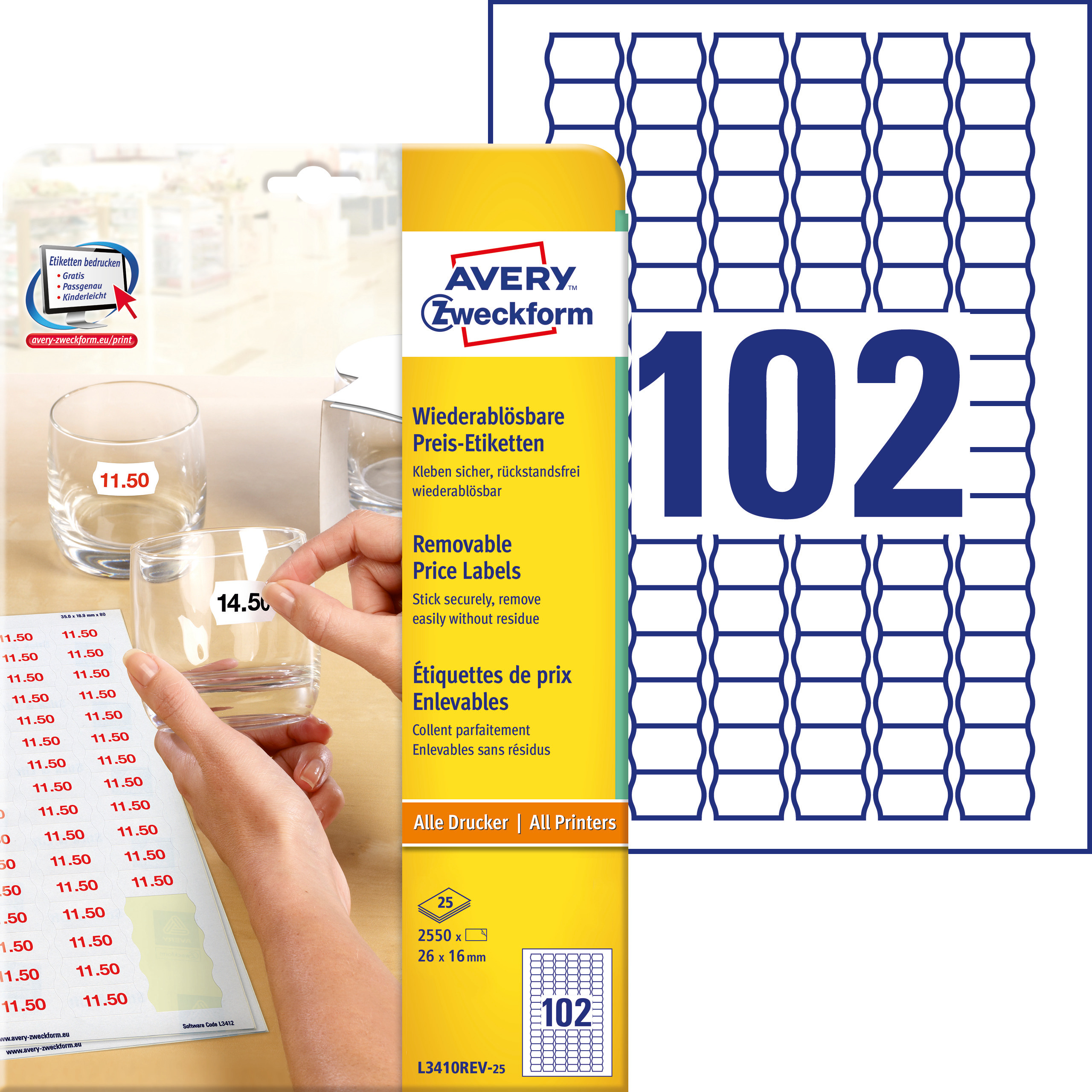 Usuwalne etykiety cenowe Avery Zweckform; A4, 25 ark./op., 26 x 16 mm, białe