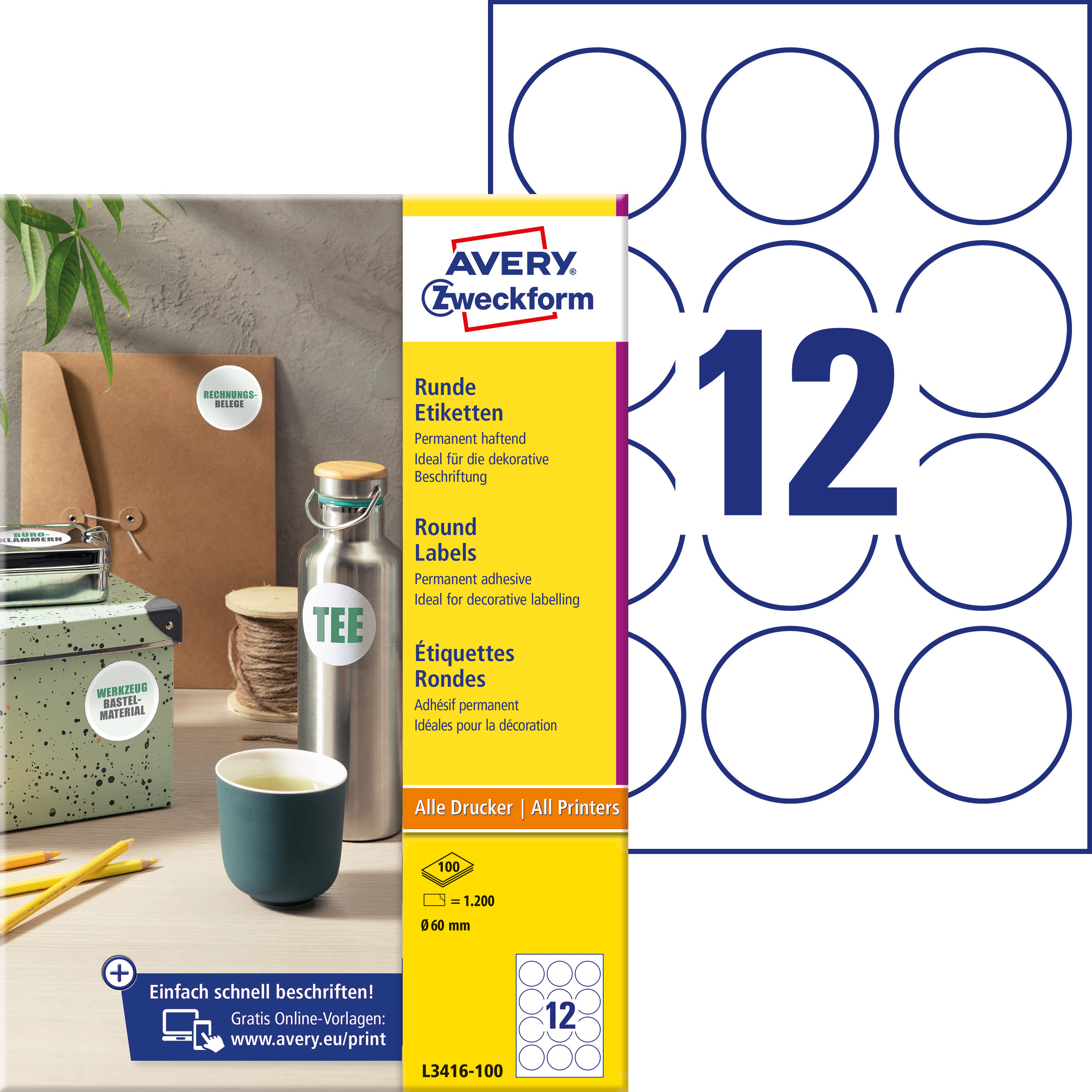 Etykiety okrągłe Avery Zweckform, A4, 100 ark./op., Ø60 mm, białe, trwałe