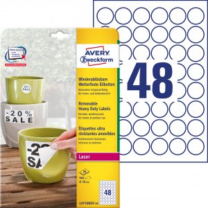 Etykiety Heavy Duty Avery Zweckform; A4, 20 ark./op., Ø30mm, białe, poliestrowe -USUWALNE