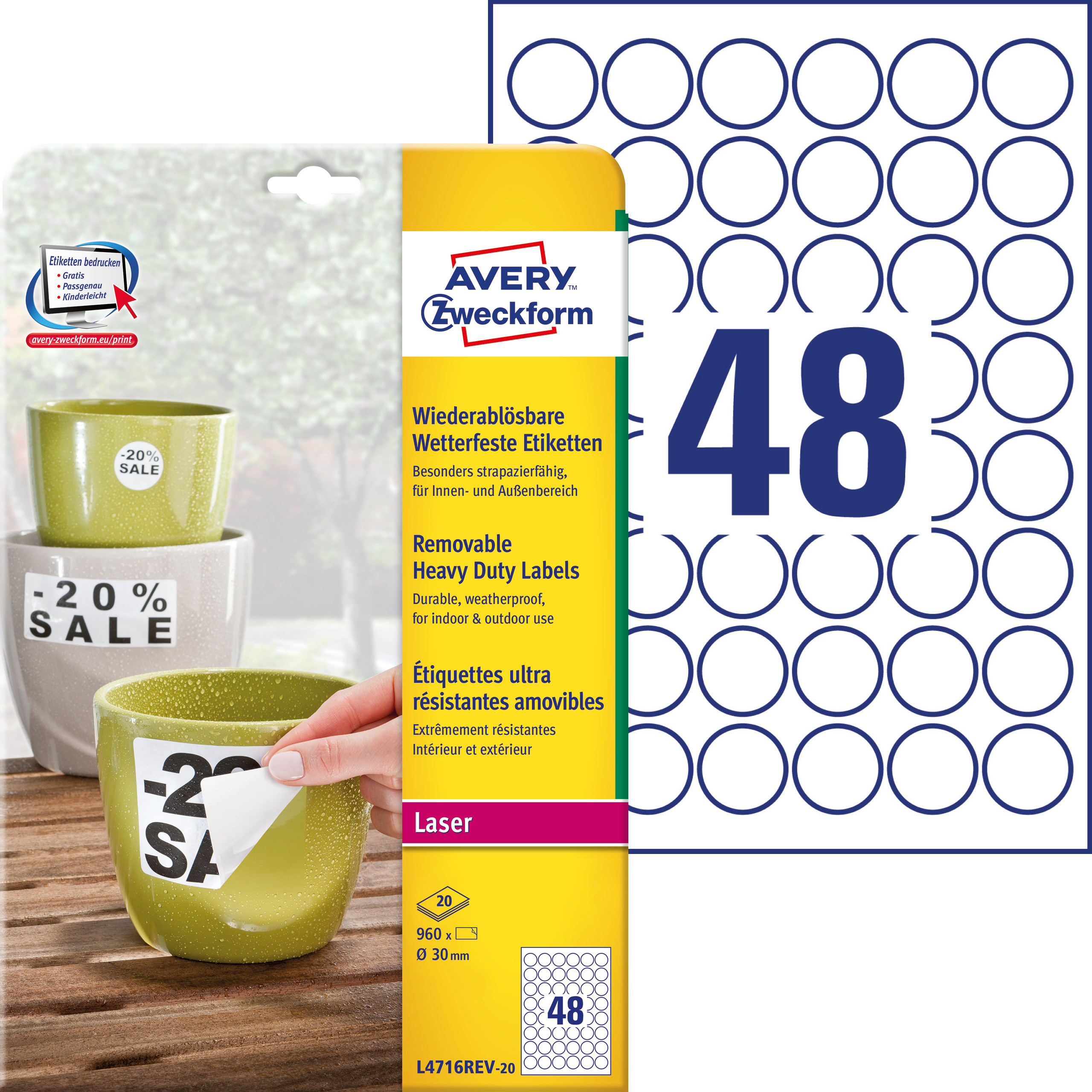 Etykiety Heavy Duty Avery Zweckform; A4, 20 ark./op., Ø30mm, białe, poliestrowe -USUWALNE