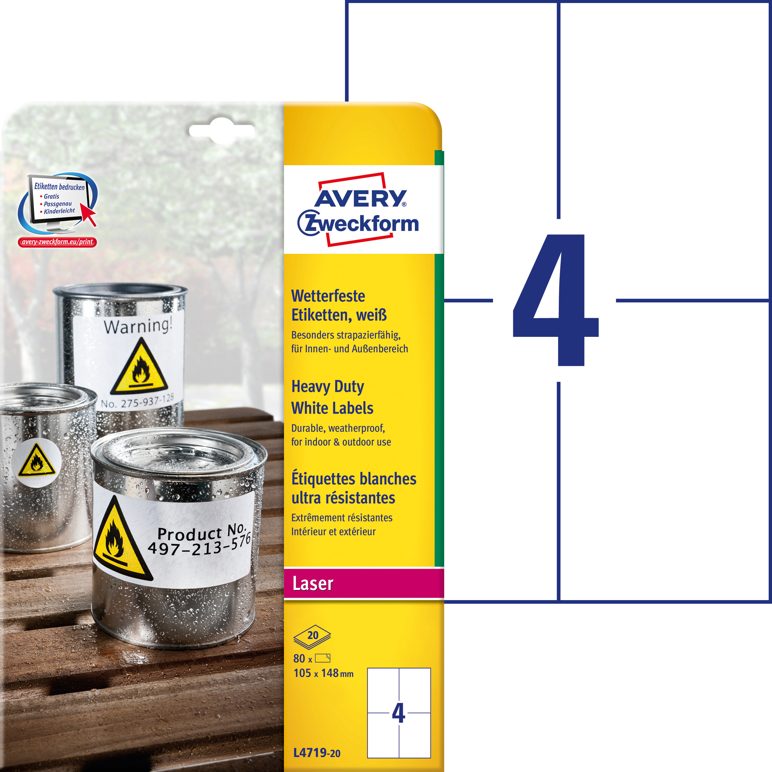 Etykiety Heavy Duty Avery Zweckform; A4, 20 ark./op., 105 x 148 mm, białe, poliestrowe