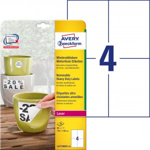 Etykiety Heavy Duty; A4, 20 ark./op., 105 x 148 mm, białe, poliestrowe -USUWALNE