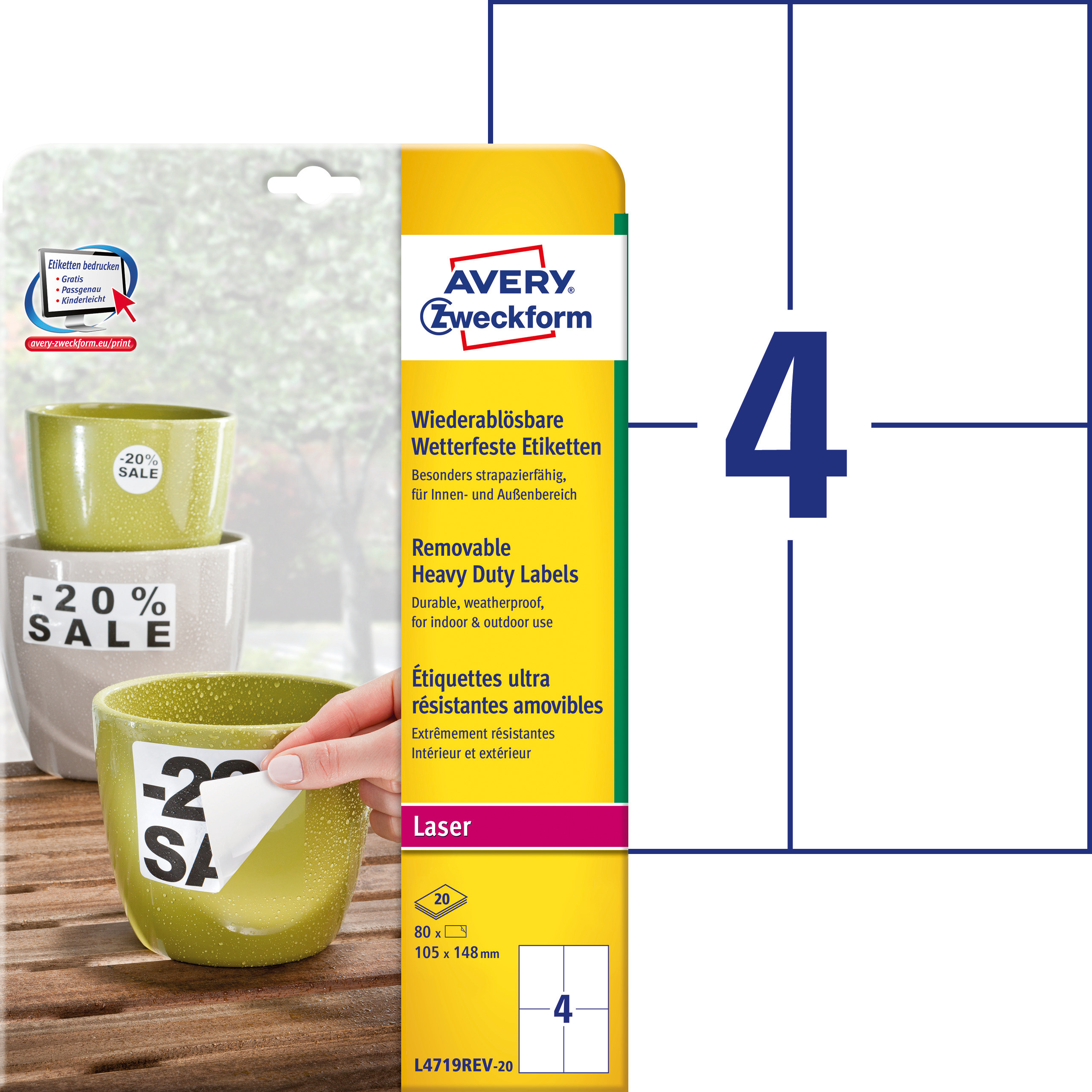 Etykiety Heavy Duty; A4, 20 ark./op., 105 x 148 mm, białe, poliestrowe -USUWALNE