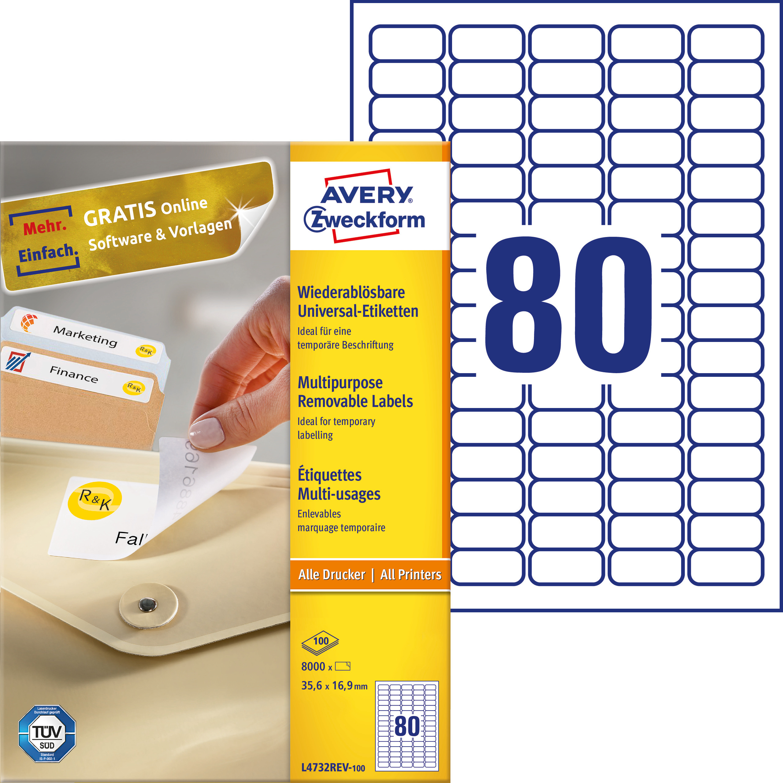 Usuwalne etykiety uniwersalne Avery Zweckform; A4, 100 ark./op., 35,6 x 16,9 mm, białe