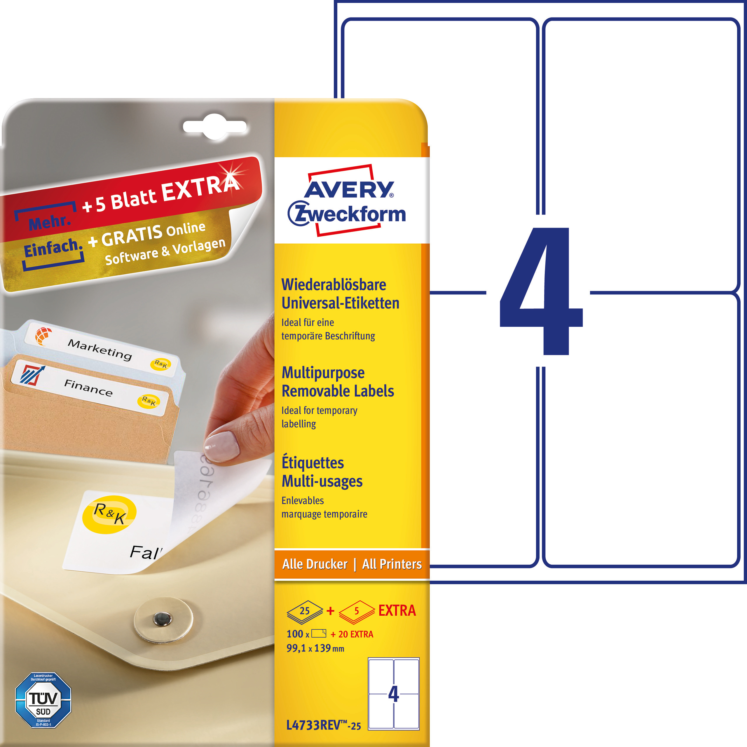 Usuwalne etykiety uniwersalne Avery Zweckform; A4, 30 ark./op., 99,1 x 139 mm, białe