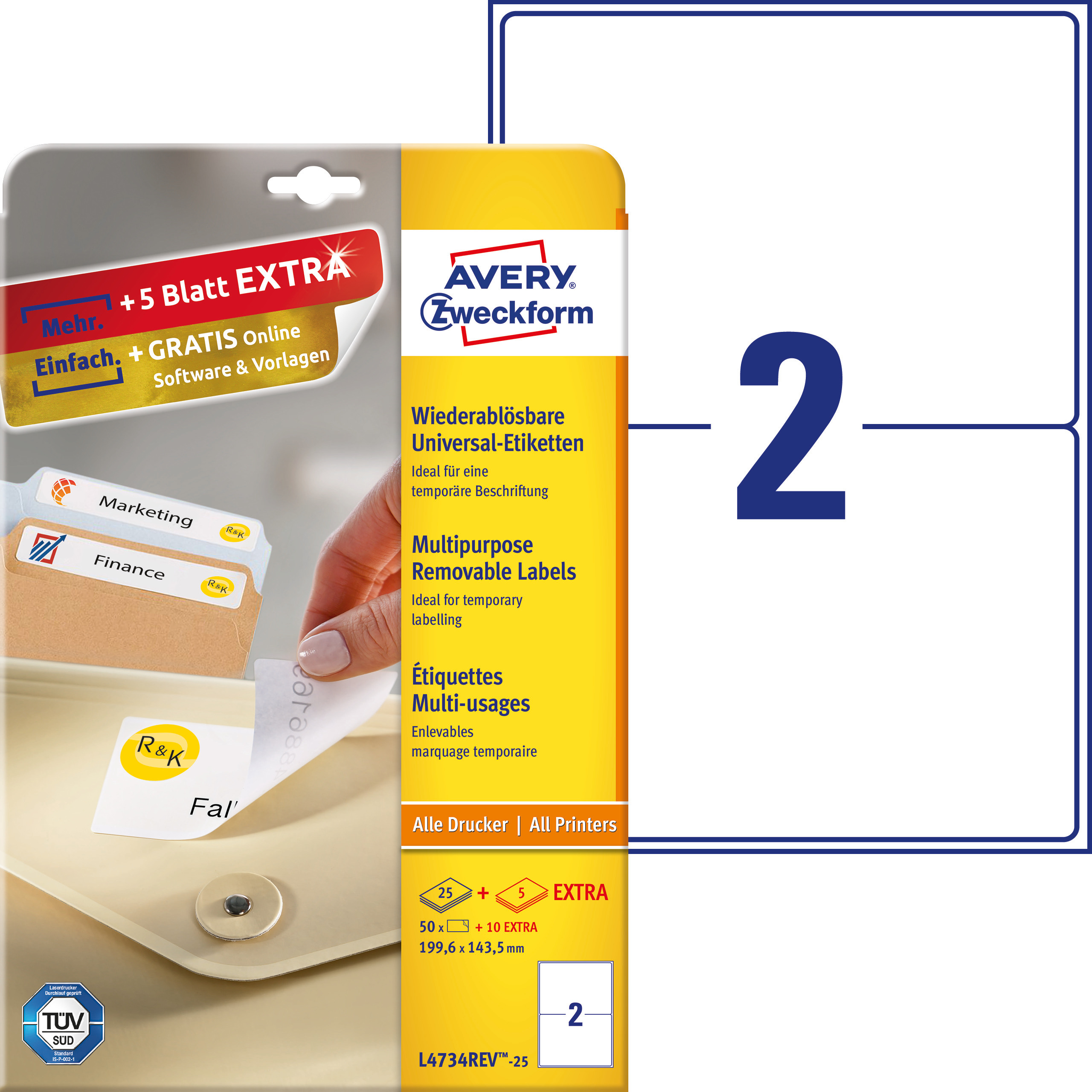 Usuwalne etykiety uniwersalne Avery Zweckform; A4, 30 ark./op., 199,6 x 143,5 mm, białe