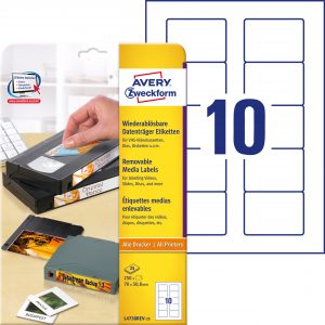 Usuwalne etykiety na dyskietki Avery Zweckform; A4, 25 ark./op., 70 x 50,8 mm, białe