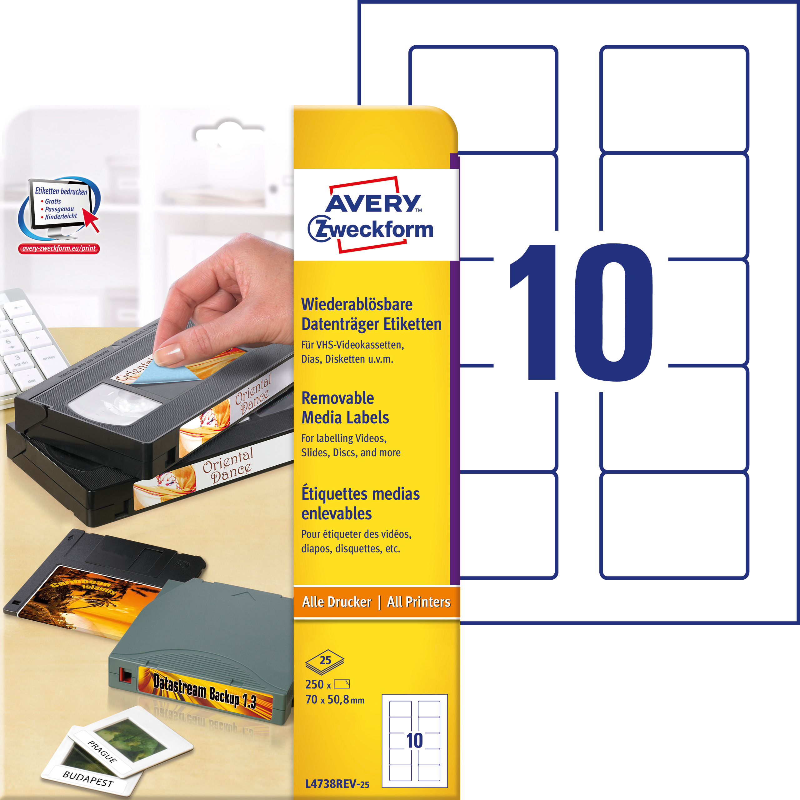 Usuwalne etykiety na dyskietki Avery Zweckform; A4, 25 ark./op., 70 x 50,8 mm, białe