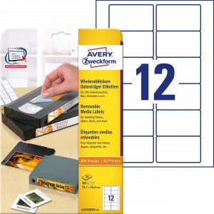 Usuwalne etykiety na kasety wideo Avery Zweckform; A4, 25 ark./op., 78,7 x 46,6 mm, białe