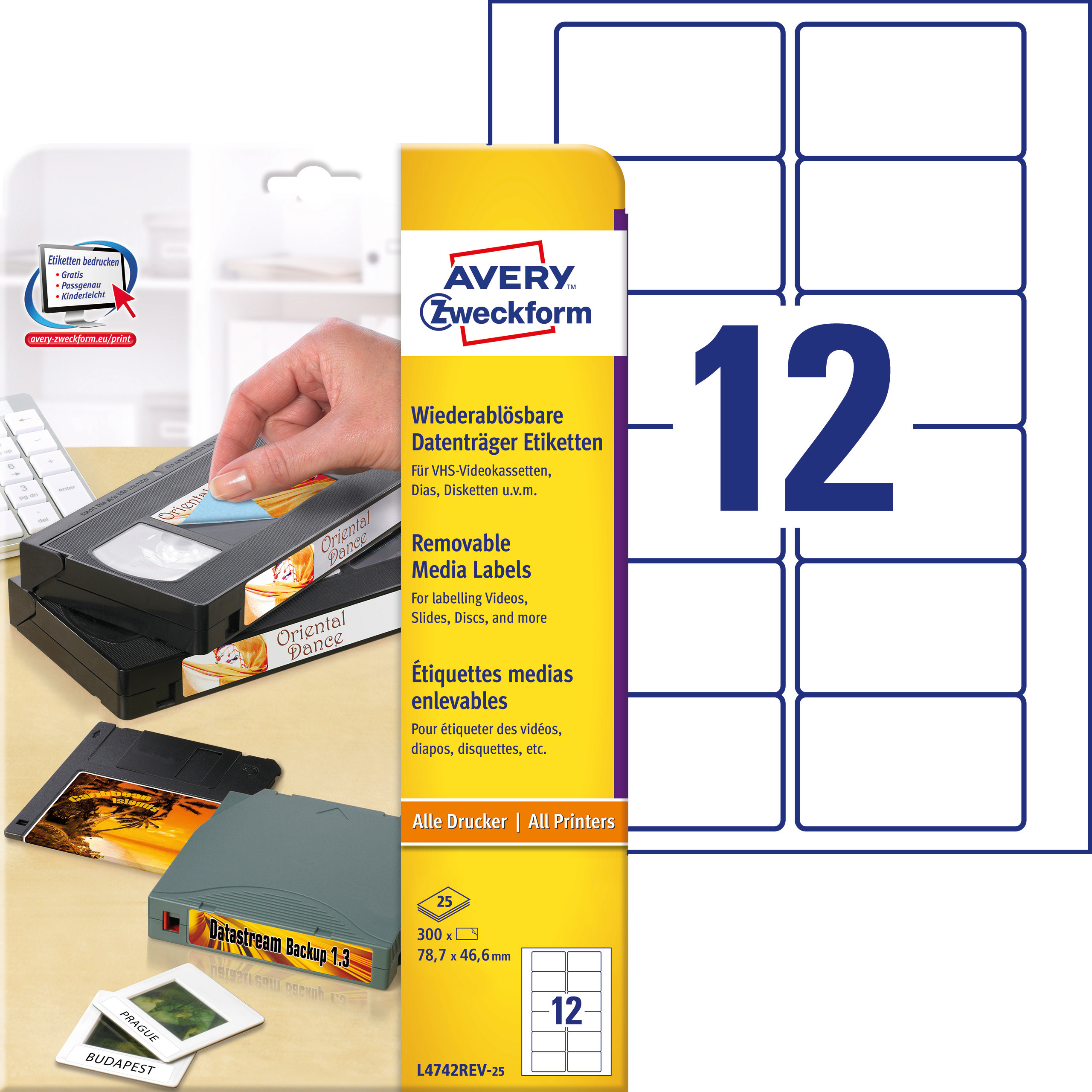 Usuwalne etykiety na kasety wideo Avery Zweckform; A4, 25 ark./op., 78,7 x 46,6 mm, białe