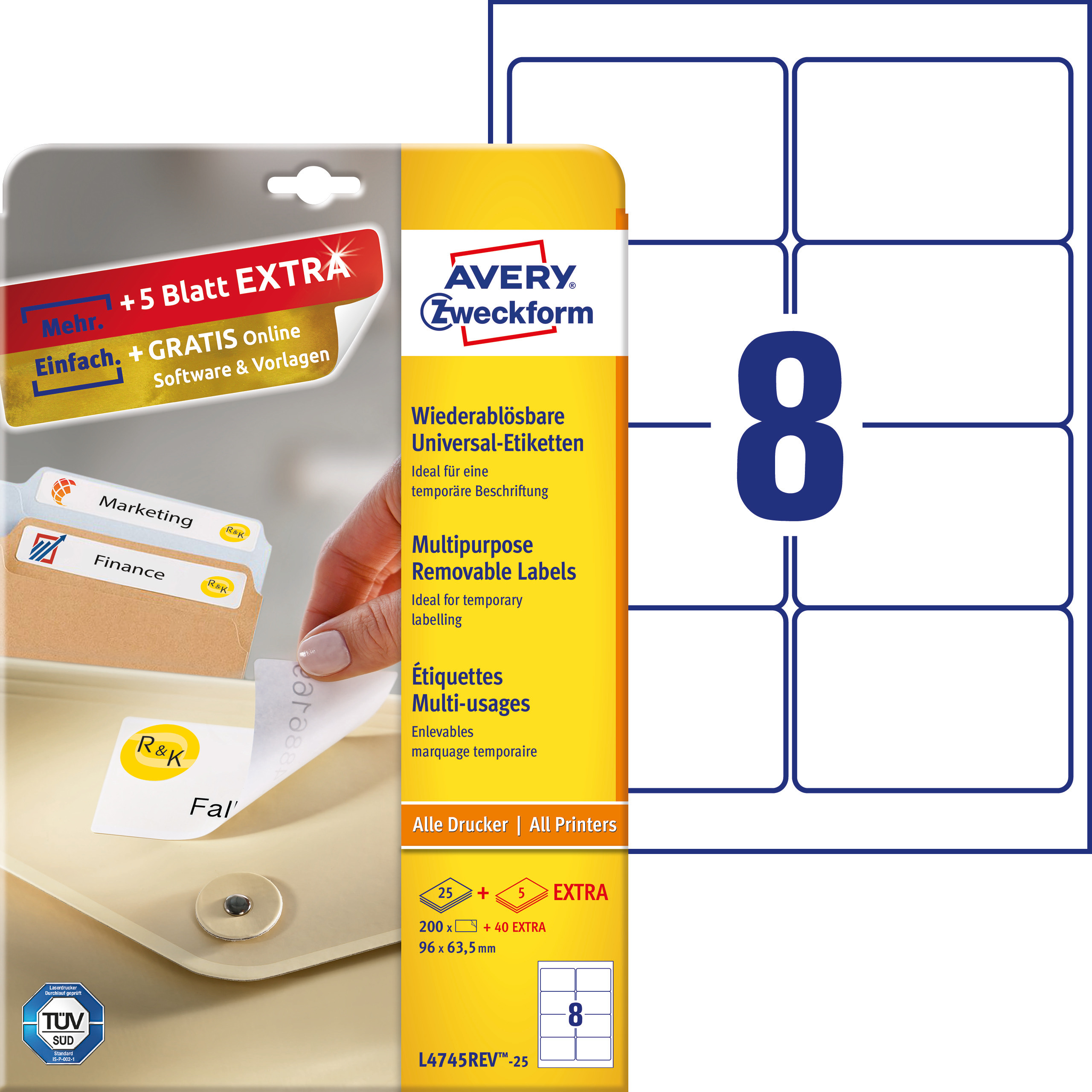 Usuwalne etykiety uniwersalne Avery Zweckform; A4, 30 ark./op., 96 x 63,5 mm, białe