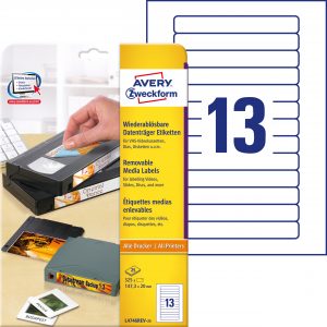 Usuwalne etykiety na kasety wideo Avery Zweckform; A4, 25 ark./op., 147,3 x 20 mm, białe