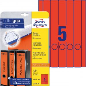 Etykiety na segregatory Avery Zweckform; A4, 20 ark./op., 38 x 297 mm, czerwone