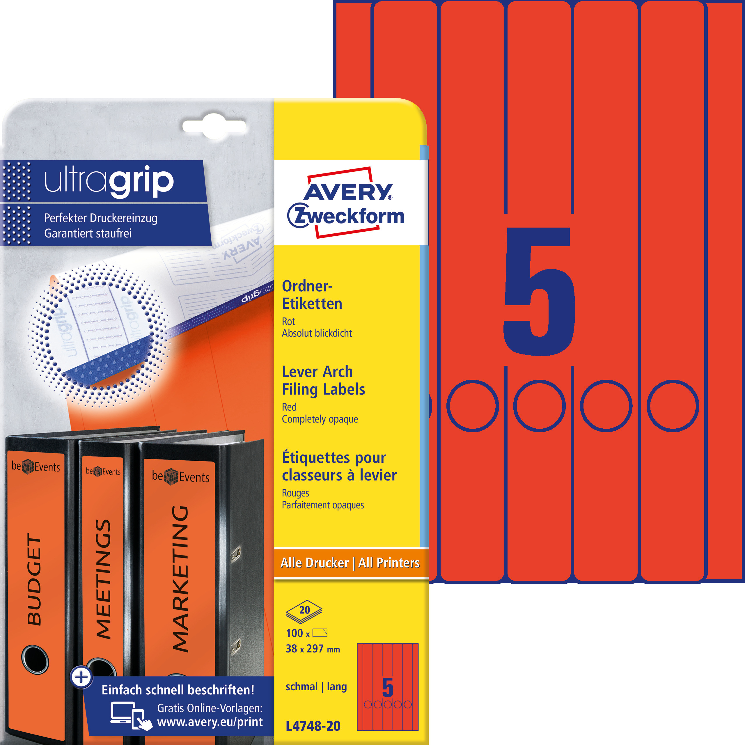 Etykiety na segregatory Avery Zweckform; A4, 20 ark./op., 38 x 297 mm, czerwone