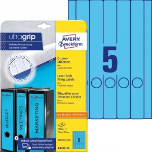 Etykiety na segregatory Avery Zweckform; A4, 20 ark./op., 38 x 297 mm, niebieskie