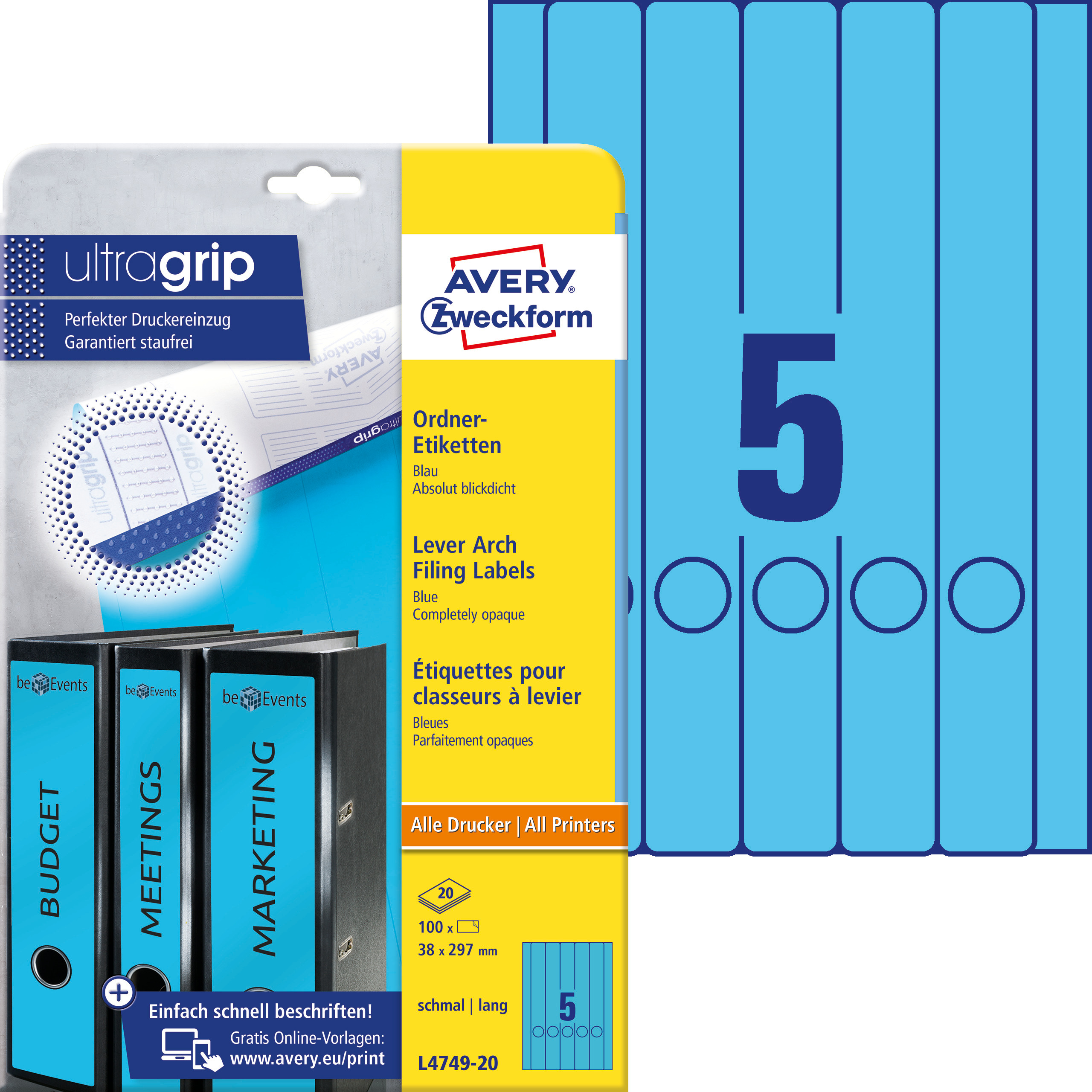 Etykiety na segregatory Avery Zweckform; A4, 20 ark./op., 38 x 297 mm, niebieskie